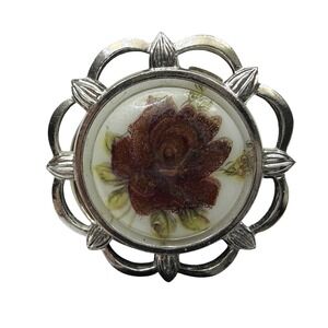 Vintage Western Germany Red Rose Floral Brooch Pin Silver Tone Metal White